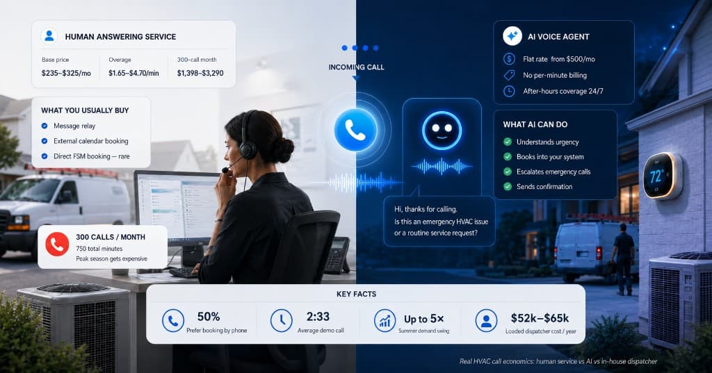 Comparison of HVAC answering service cost: human answering service vs AI voice agent